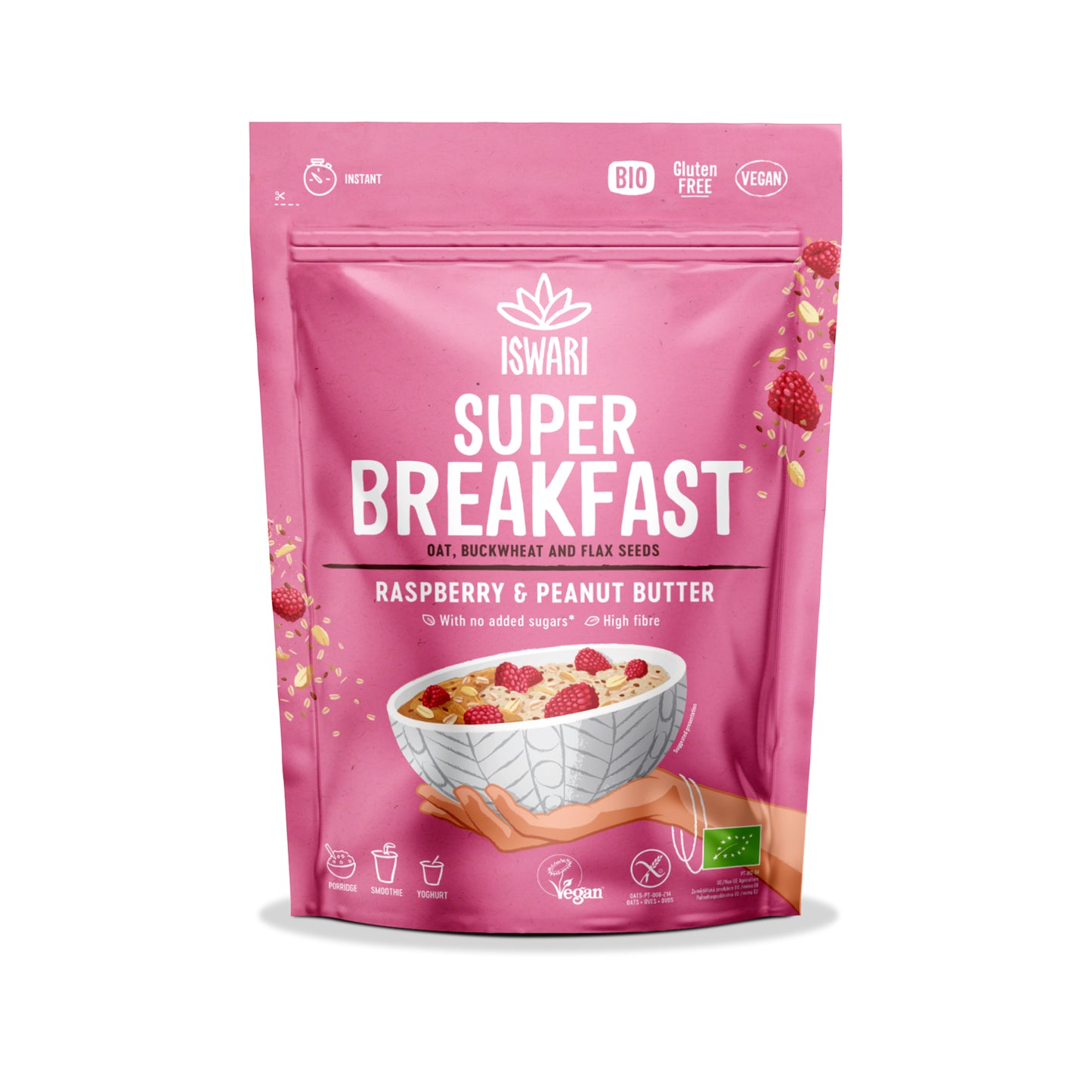230167 Směs instantní Super Breakfast - malina a arašídové máslo 360 g BIO ISWARI -1