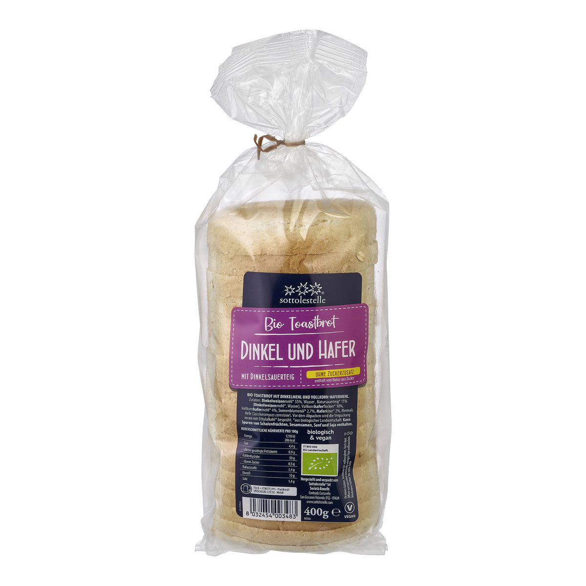 632254 Chléb toastový ze špaldy a ovesných vloček 400 g BIO SOTTOLESTELLE