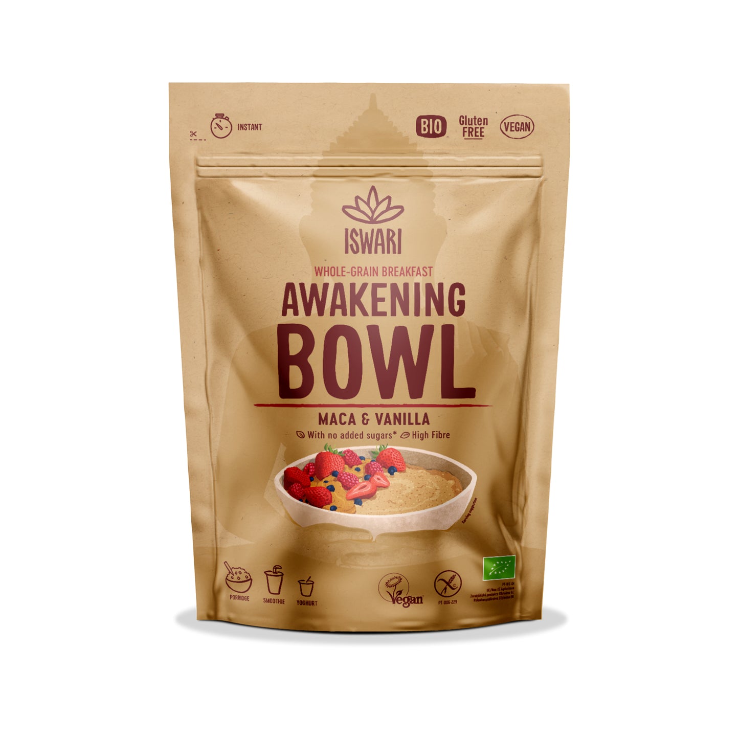 230162 Směs instantní Awakening Bowl s maca a příchuťí vanilky 360 g BIO   ISWARI -1