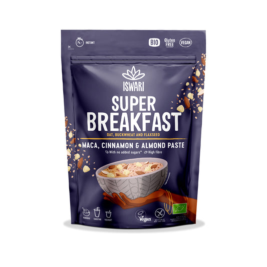 230165 Směs instantní Super Breakfast s maca, skořicí a mandlovou pastou 360 g BIO   ISWARI -1