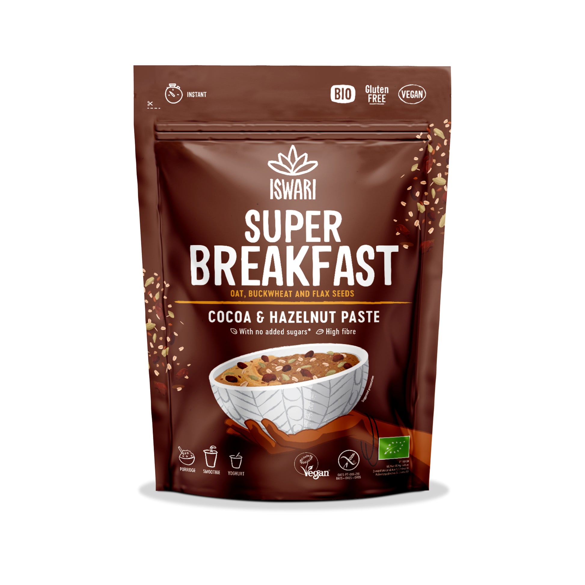 230168 Směs instantní Super Breakfast - kakao a lískooříšková pasta 360 g BIO   ISWARI -1