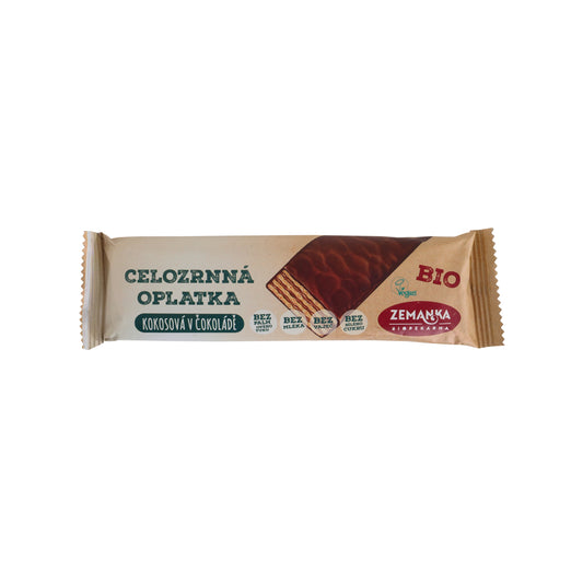 630195 Oplatka celozrnná z jednozrnky kokosová v čokoládě 40 g BIO   ZEMANKA-1