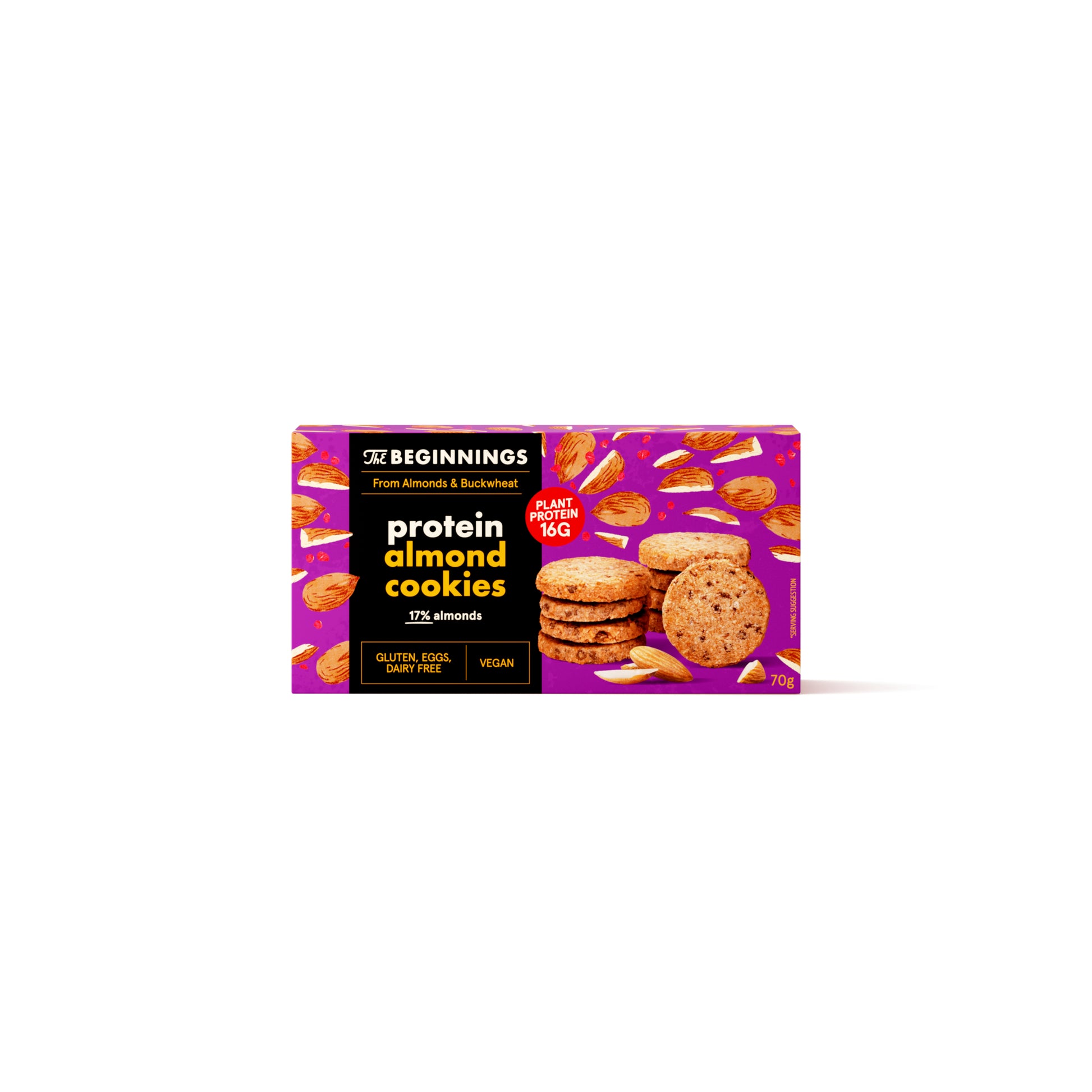 632243 Sušenky proteinové s mandlemi bezlepkové 70 g   THE BEGINNINGS-1