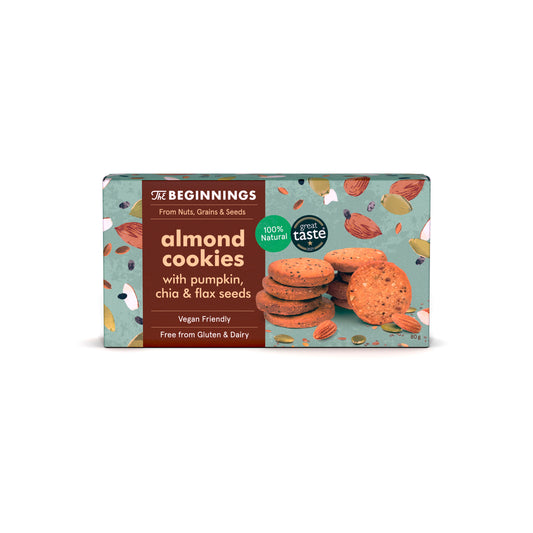 632246 Sušenky mandlové s dýňovým, chia a lněným semínkem  80 g   THE BEGINNINGS-1