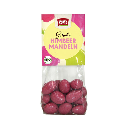 665318 Mandle v mléčné a bílé čokoládě s malinami 100 g BIO   ROSENGARTEN-1