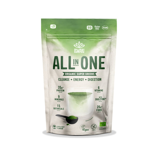 913126 Super greens s příchutí exotického ovoce 200 g BIO   ISWARI -1